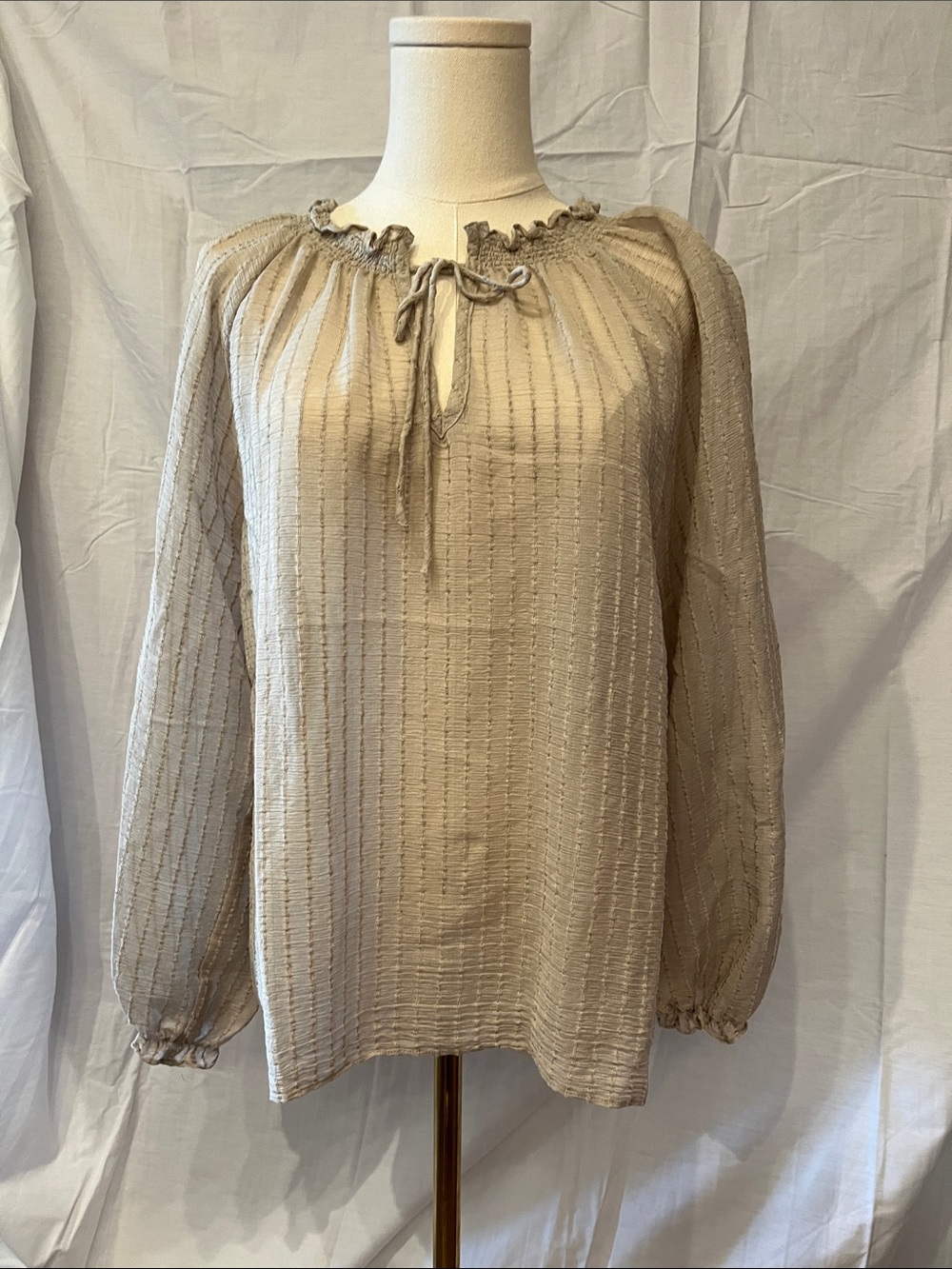 Women's Beige Tie-Neck Peasant Blouse